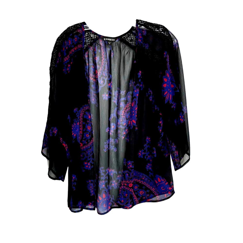 Express Wms M Bell Sleeve Sheer Floral Open Front Kimono Shawl Lace Trim Boho